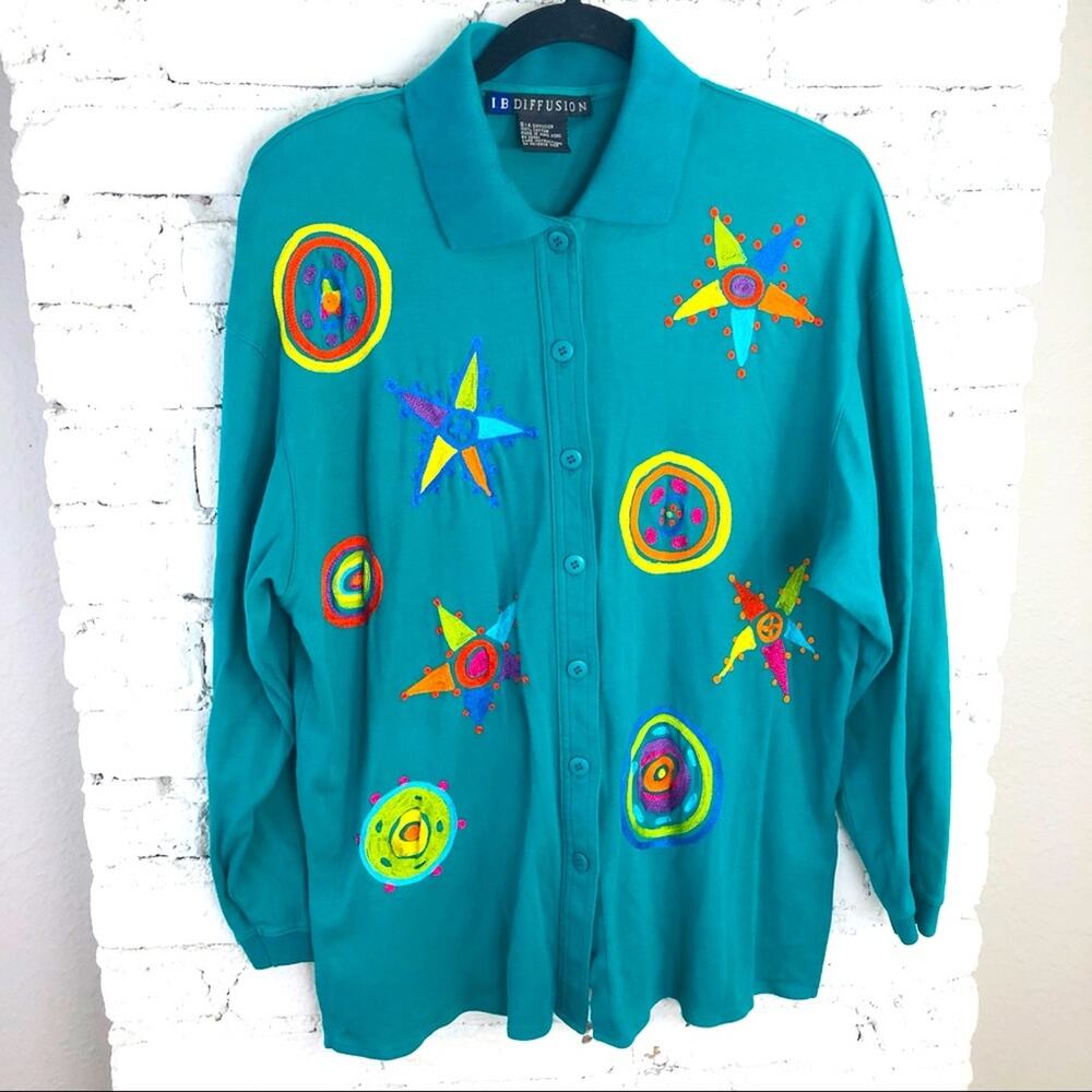 Vintage IB Diffusion Teal Blue Embroidered Top
